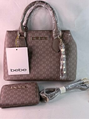 bebe Taupe Logo Satchel with Matching Wallet and keychain